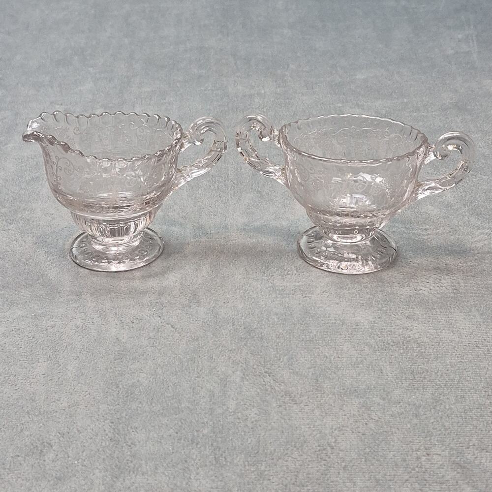 Vintage Cambridge Etched Crystal Floral Scalloped Edge Open Sugar & Creamer Set